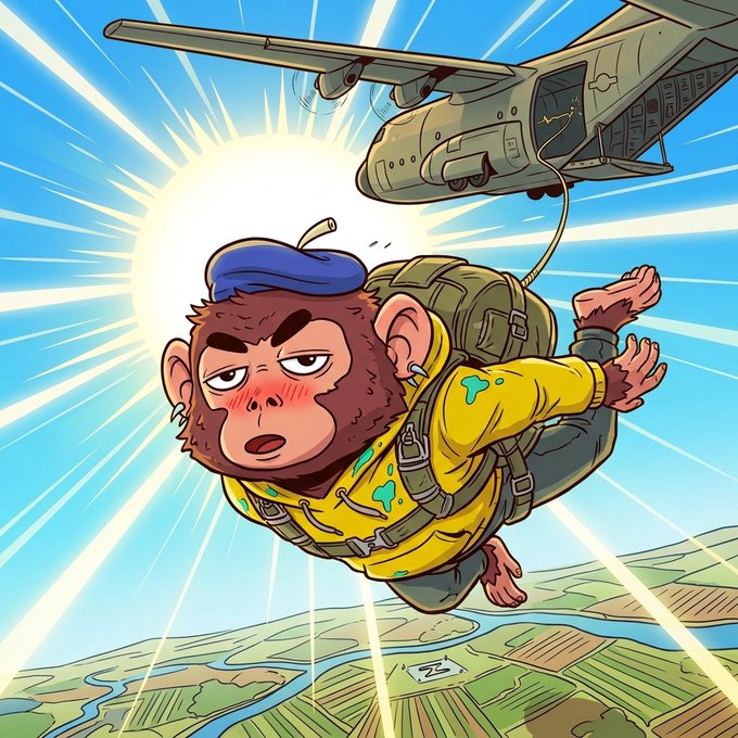 An anime-style illustration depicts a monkey wearing a yellow shirt and blue beret skydiving from a military helicopter, with a bright sun and rural landscape in the background.