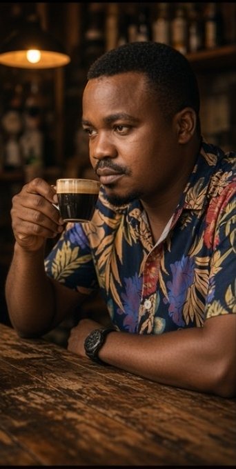 A man with a thoughtful expression sits at a wooden table in a dimly lit bar, holding a small glass of dark coffee or espresso near his face. He wears a blue floral-patterned short-sleeve shirt and a black wristwatch.