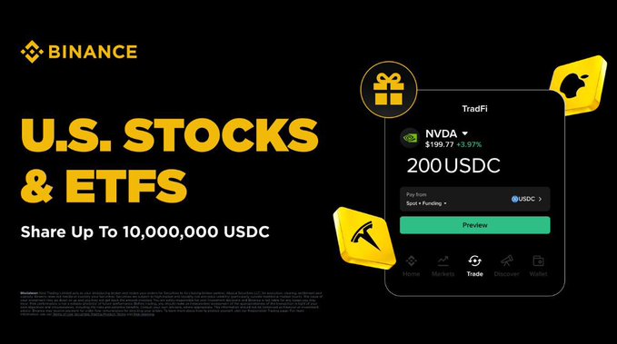 The image shows an advertisement for trading U.S. stocks and ETFs through the platform Binance. It features a black background with yellow icons representing various elements of the trading system, including a green "USDC" icon, a yellow "Trading" icon, and a red "EFTS" icon. The image also includes text promoting the trading services, which is centered in the middle, attracting attention to the central element - the stocks & ETFs symbol. Additionally, there are two small images of apples on the upper part of the image, possibly representing currency symbols related to the U.S. stock market or ETFs.