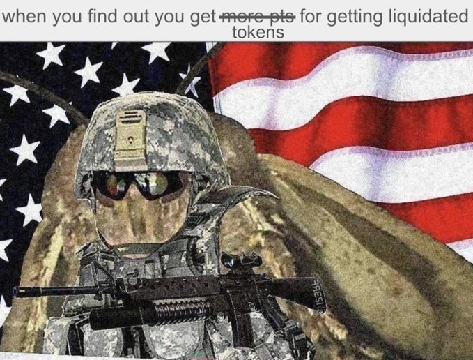 The image features a "Murica"-style meme showing a heavily armored soldier with sunglasses holding an assault rifle against an American flag backdrop. The caption reads "when you find out you get more pts for getting liquidated tokens," humorously promoting the @papertrade_xyz launch by suggesting its rewards system incentivizes liquidation events.