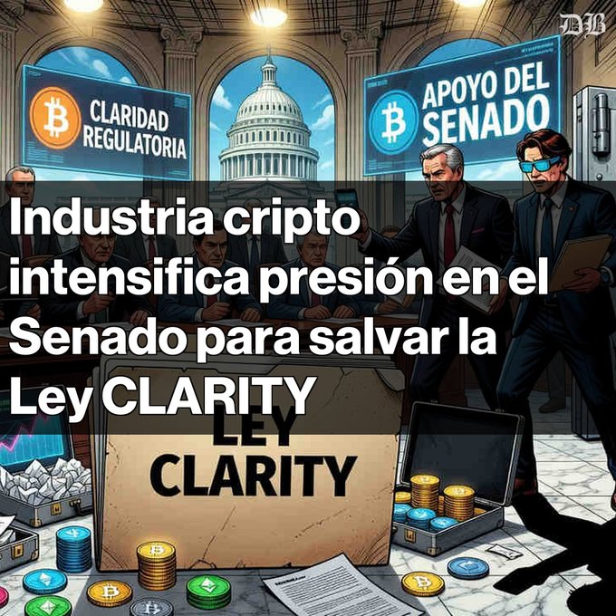 The image features a group of men standing around a table with stacks of money on it. The text in the image reads "URGENTE: Presión cripto en el Senado por la Ley CLARITY Más de 100 empresas buscan aprobación para establecer reglas claras en el sector bancario". This suggests that there is an urgent need for clarity in the financial system, and the men are trying to find ways to make it clearer.