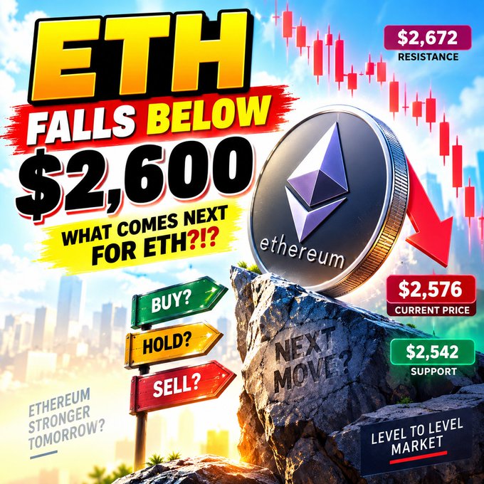 A YouTube thumbnail-style graphic showing Ethereum (ETH) falling below $2,600 with a current price of $2,576, support at $2,542, and resistance at $2,672, featuring directional arrows for Buy, Hold, or Sell decisions.