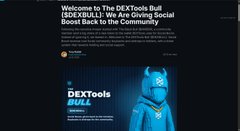 The image shows a promotional webpage for the DEXTools Bull (DEXBULL) token, featuring a blue cartoon bull mascot and text reading "Welcome to The DEXTools Bull (DEXBULL): We Are Giving Social Boost Back to the Community," which serves as the official platform associated with the newly created wallet's $DEVBULL holdings mentioned in the post.