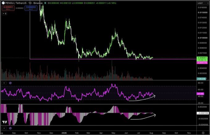 A daily chart of PENGU/USDT on Binance shows the price hovering at a low of ~$0.006053 (down 0.18%), with the RSI at 42.28 and a histogram indicator both curling upward from deeply oversold levels—visually reinforcing the post's claim that the token is "dead" now but positioned for an explosive upside move.
