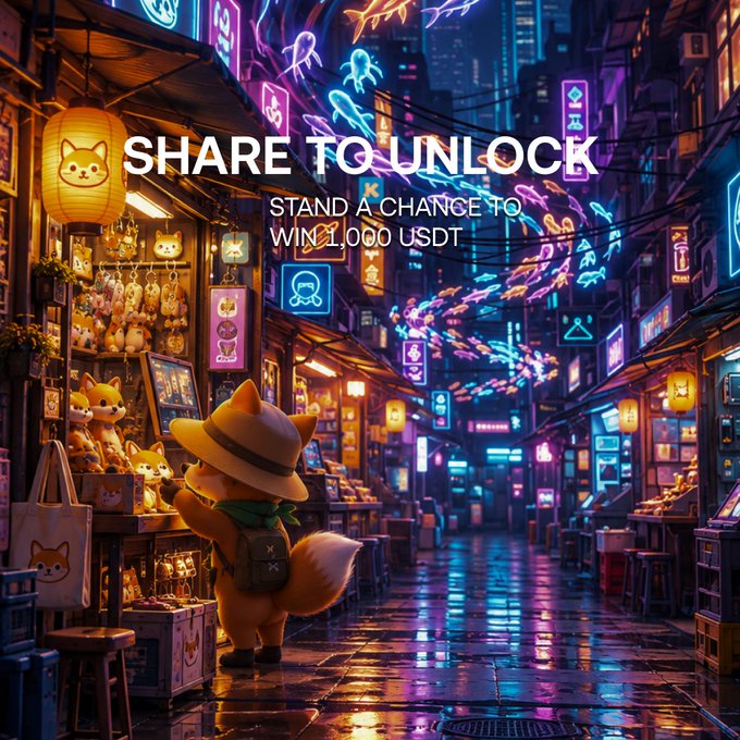 A cute fox character wearing a hat and backpack explores a vibrant, neon-lit cyberpunk market street lined with lanterns and plush toys, with overlay text reading "SHARE TO UNLOCK - STAND A CHANCE TO WIN 1,000 USDT" promoting a KuCoin social media contest featuring the KuKu mascot.