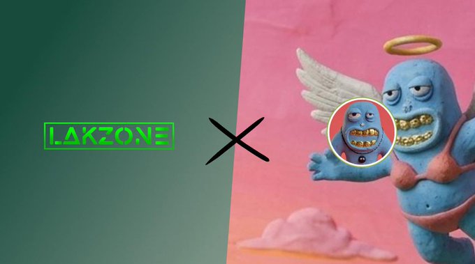 A split-screen image shows "LAKZONE" in green text on a green background on the left, with a black "X" in the middle, and a blue angelic cartoon character with gold teeth, wings, a halo, and a pink bikini on a pink background on the right—announcing a collaboration between Lakzone and just t00ns for an upcoming NFT drop.