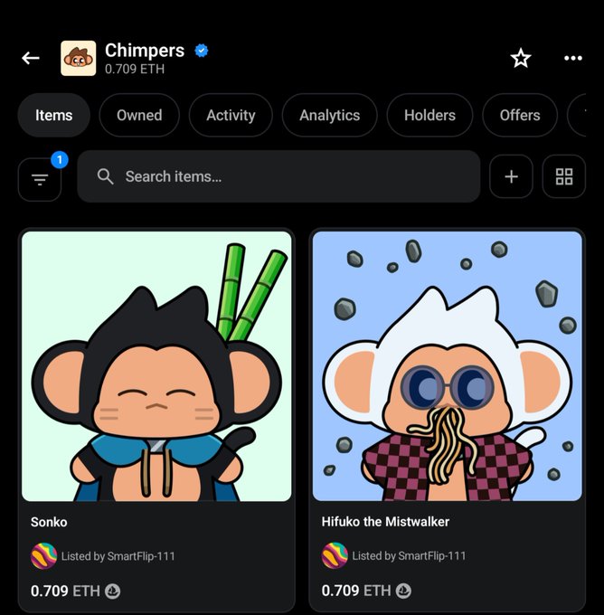 A NFT marketplace interface displaying the 'Chimpers' collection at 0.709 ETH, showing items 'Sonko' and 'Hifuko the Mistwalker' both listed by SmartFlip-111 at 0.709 ETH.