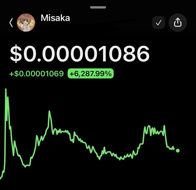 A Robinhood stock/crypto chart screenshot showing 'Misaka' with a price of $0.00001086, a gain of +$0.00001069 (+6,287.99%), and a green upward-trending line graph.