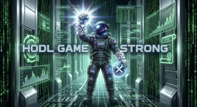 A digital illustration features an astronaut holding an XRP coin in a server room, with the text 'HODL GAME STRONG' overlaid on crypto-themed data panels.