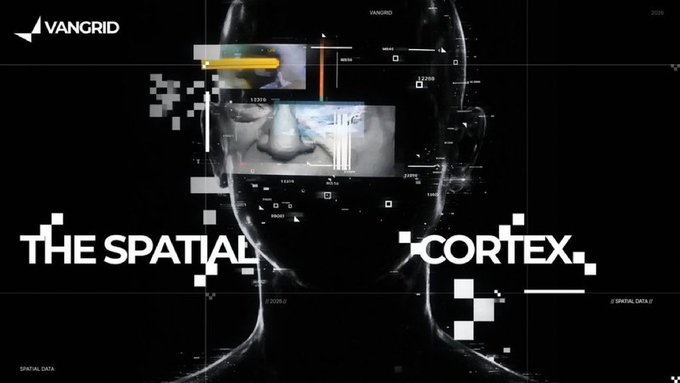 A dark, futuristic VanGrid graphic with a digital human head overlay and the text 'THE SPATIAL CORTEX.'