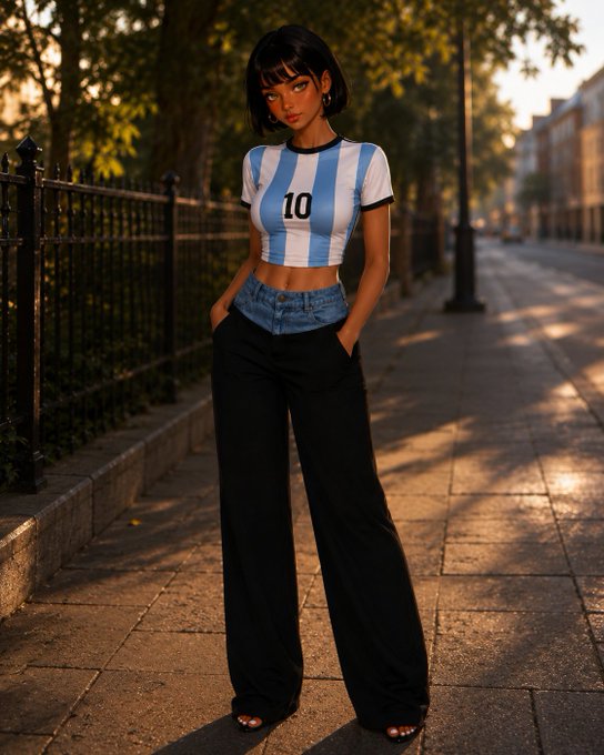 A stylish young woman with short dark hair stands on a sunlit sidewalk, wearing a blue and white striped Argentina #10 jersey, low-rise denim, and black wide-leg trousers.