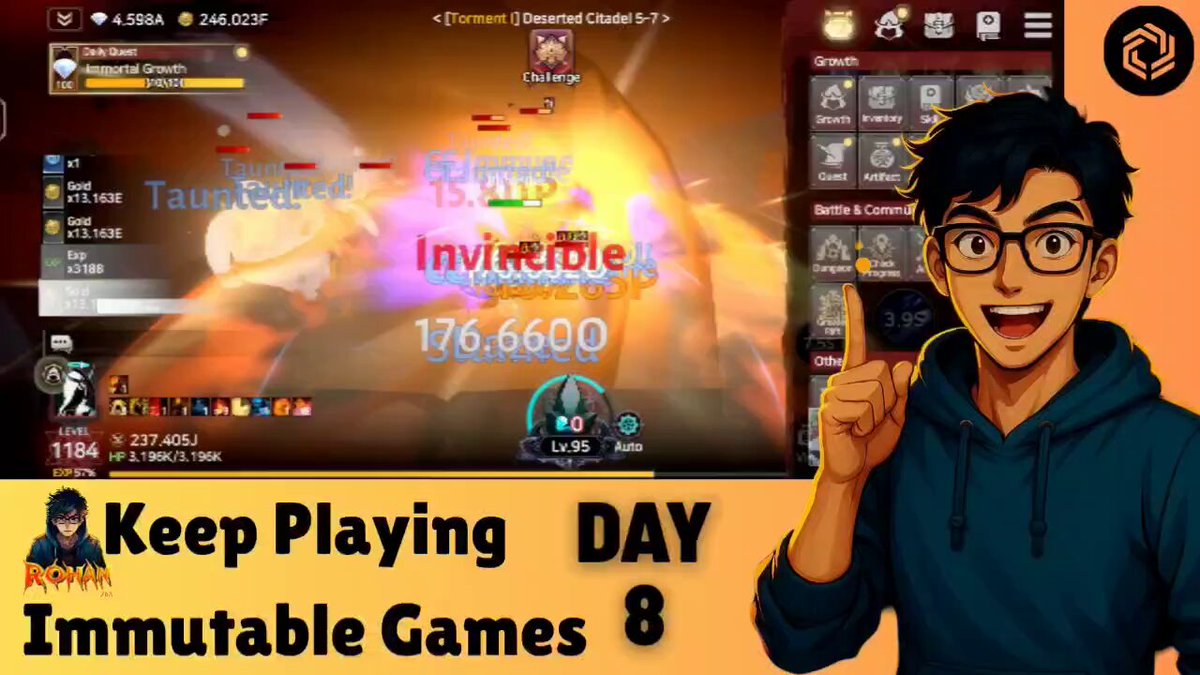The image features a cartoon man with glasses playing an Immutable game called "Keep Playing Immutable Games Day" which has a high score of 175,660 points. The man is pointing at his gameplay screen, indicating that he's proud of his performance in the game. Below him on the screen, there are several other gameplay screens showing different levels and characters from the game.