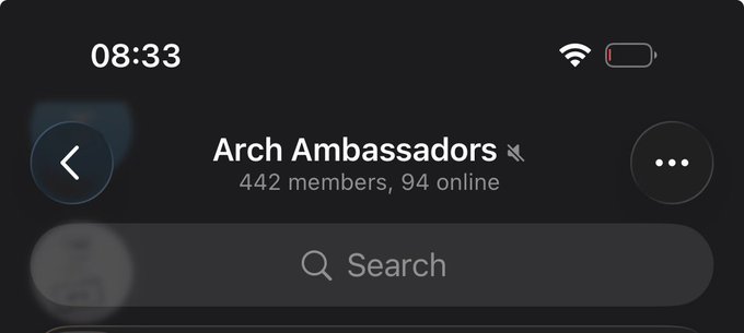 A mobile app screen shows a Telegram group called 'Arch Ambassadors' with 442 members, 94 currently online, and the time displayed as 08:33.