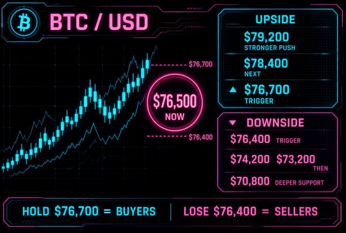 A neon-styled BTC/USD price chart shows a current price of '$76,500 NOW', with upside targets at $76,700/$78,400/$79,200 and downside triggers at $76,400/$74,200/$70,800.