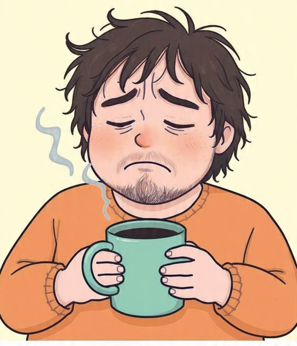 A cartoon illustration of a tired-looking man with messy hair and stubble holding a steaming green mug, wearing an orange sweater with a sad expression.
