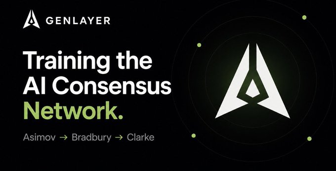 A black promotional banner for 'GENLAYER' with the text 'Training the AI Consensus Network.' and 'Asimov → Bradbury → Clarke' alongside a triangular logo.