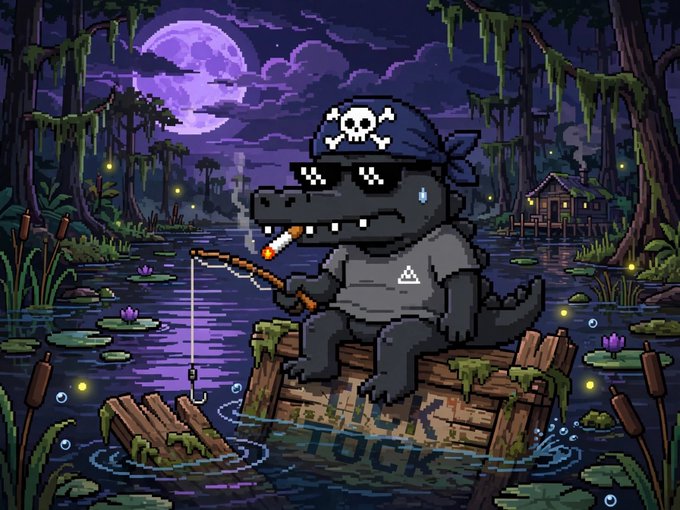 A pixel art illustration shows an anthropomorphic alligator wearing sunglasses and a skull bandana, smoking a cigarette and fishing in a moonlit swamp with the text "LIL TUCK" on a wooden crate.