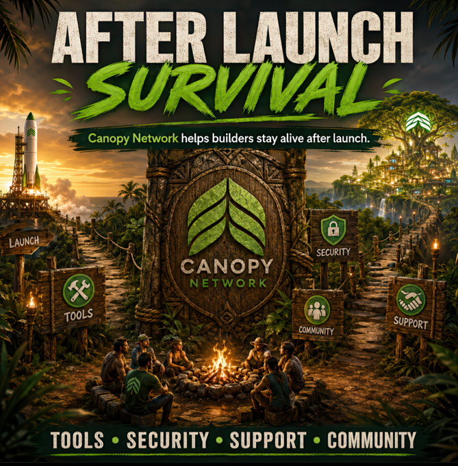 A jungle survival-themed promotional graphic for Canopy Network (@CNPYNetwork) features the bold headline "AFTER LAUNCH SURVIVAL" alongside the tagline "Canopy Network helps builders stay alive after launch," depicting a group gathered around a campfire with pillars labeled "TOOLS," "SECURITY," "COMMUNITY," and "SUPPORT," and a rocket launching in the background—visually reinforcing the post's message about supporting crypto builders beyond deployment.