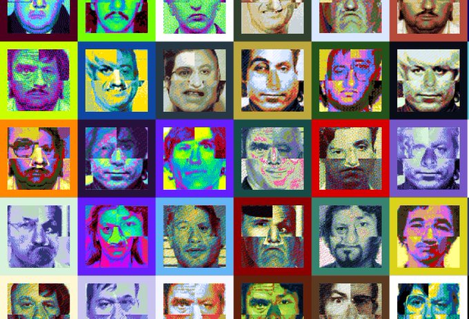 A grid of pixelated, color-altered portraits of various men, resembling historical figures.