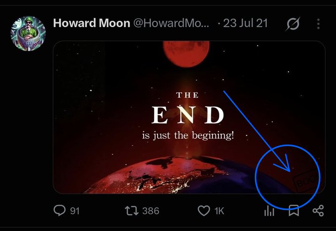 A tweet from 'Howard Moon @HowardMo...' dated 23 Jul 21 with an apocalyptic image reading 'THE END is just the beginning!', with a blue circle and arrow drawn pointing to the bookmark icon.
