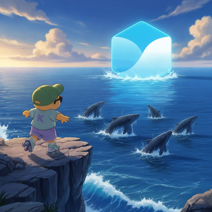 A small child with a "K" on their shirt and roller skates stands on a cliff overlooking the ocean, where dolphins leap and a glowing blue hexagonal token emerges from the waves, symbolizing a new token rising above the sea of competing exchanges to establish its liquidity dominance on PancakeSwap.