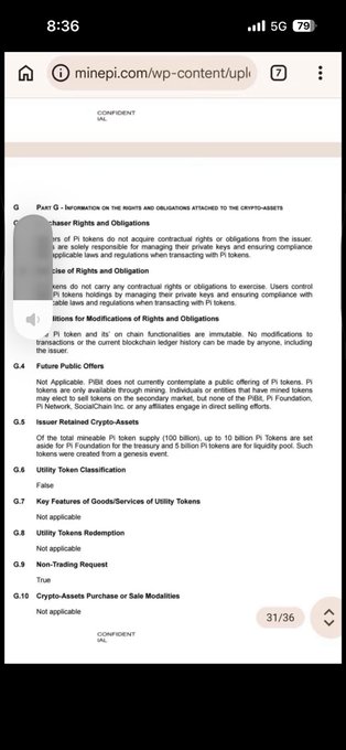 A mobile screenshot of a Pi Network legal document displayed at minepi.com, showing sections like "Holder Rights and Obligations" and "Utility Tokens Redemption," with page 31/36 visible.