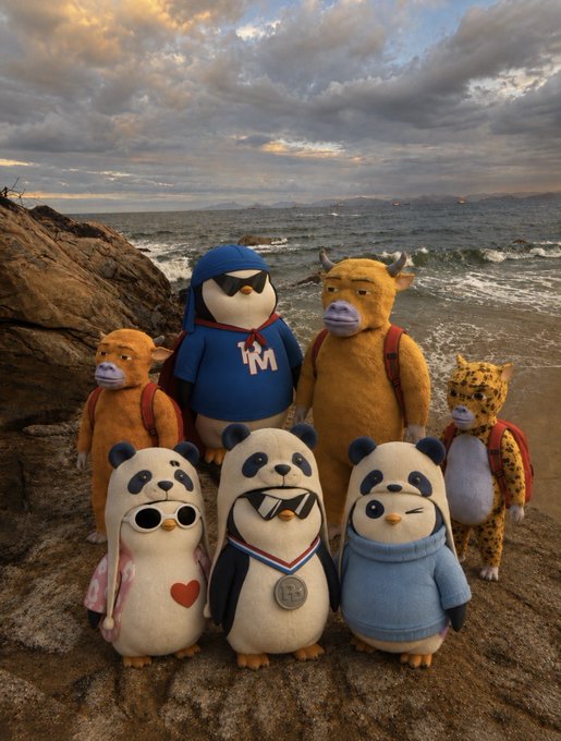 A group of plush toys, including penguins, a cow, a yak, and a leopard, are posed together on rocky terrain with the ocean and a cloudy sunset sky in the background.