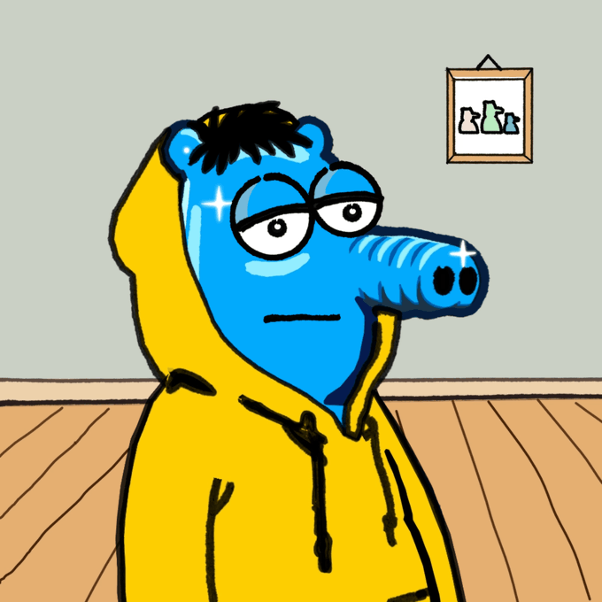 A cartoon illustration of a blue tapir-like creature wearing glasses and a yellow hoodie, standing in a room with a framed picture on the wall.