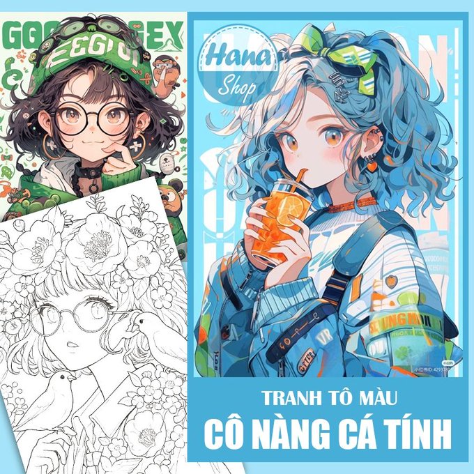Promotional image for 'Hana Shop' featuring anime-style character illustrations and a coloring page, with Vietnamese text 'TRANH TÔ MÀU CÔ NÀNG CÁ TÍNH'.