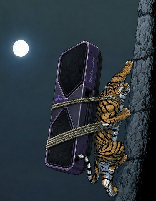 The image depicts two tigers climbing a rocky cliff while carrying a large purple speaker labeled "Plug Community," which they've strapped to their backs with rope under a moonlit sky—visually representing the "Day 1" reference and the tied-down $0xf2e5af875a262b50ed7724f3da903689239f7777 contract address being held together for the journey ahead.