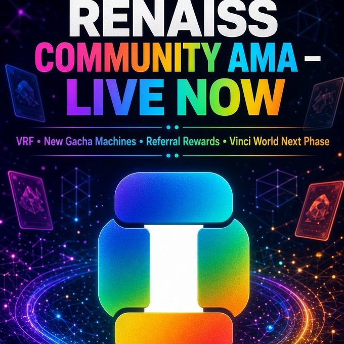 Promotional graphic for a 'RENAISS COMMUNITY AMA - LIVE NOW' event featuring topics like VRF, New Gacha Machines, Referral Rewards, and Vinci World Next Phase, with a colorful logo and digital card imagery.