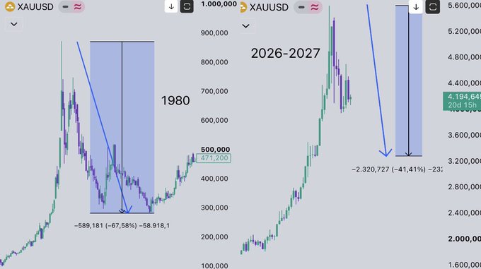 The image shows a side-by-side comparison of XAUUSD (gold) price charts, referencing the 1980 gold crash (-67.58%, dropping from ~589,181 to ~58,918) and projecting a similar 41.41% decline for 2026-2027 (from ~5,600,000 down to ~2,320,727). This contrasts with the post's bullish "#Altın bu yıl PATLAYACAK!" (#Gold will EXPLODE this year!) claim, highlighting a bearish historical pattern instead.
