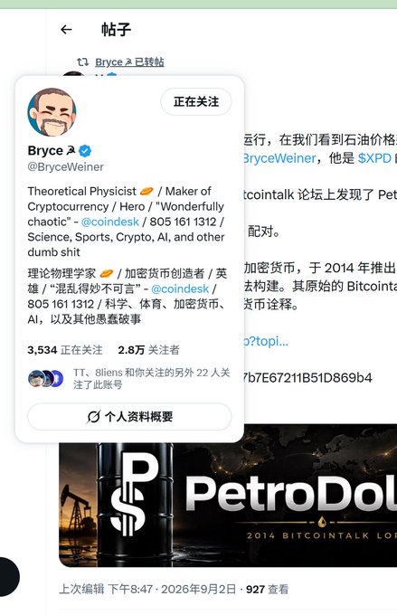A screenshot of a Twitter/X profile card for "Bryce" (@BryceWeiner), a verified Theoretical Physicist and cryptocurrency maker following 3,534 accounts with 28,000 followers, displayed over a background post referencing oil prices, Bitcointalk forums, and a "PetroDoll" token. The profile context aligns with the post's mention of a founder whose previous project was on Solana with address 0x09eec9cf5dce57e44056177b7e67211b51d869b4, suggesting Bryce retweeted content highlighting this crypto narrative.