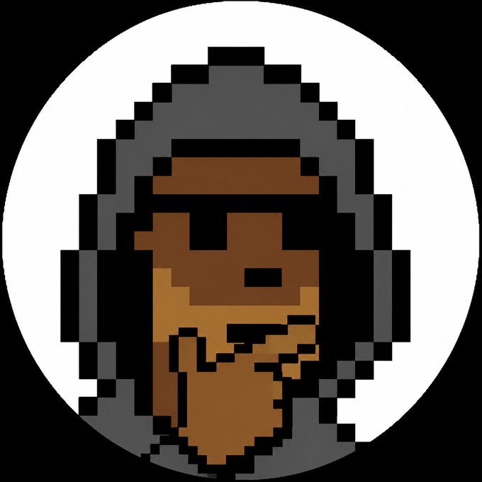 A pixel art illustration of a person's face in shades of brown and gray within a circular frame on a black background.