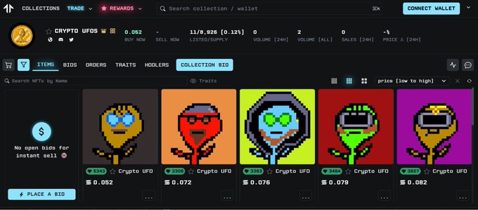 A screenshot of the Rarible NFT marketplace showing the Crypto UFOs collection with pixel art alien NFTs priced at approximately 0.052 ETH, displaying stats like 11/8,928 listed and 0.12% listed ratio.