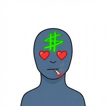 A simple cartoon illustration of a gray humanoid figure with a green dollar sign on its forehead, red heart-shaped eyes, and a lit cigarette in its mouth.