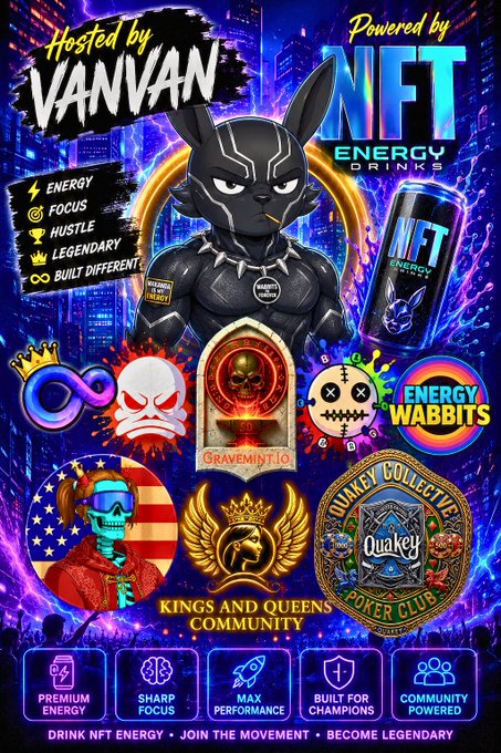 A vibrant promotional flyer hosted by VanVan and powered by NFT Energy Drinks, featuring a black panther mascot alongside NFT collectible logos (Energy Wabbits, BraveMint, Quakey Poker Club, Kings and Queens Community) and benefits like "Premium Energy," "Sharp Focus," "Max Performance," "Built for Champions," and "Community Powered," with the tagline "Drink NFT Energy • Join the Movement • Become Legendary."

The image visually supports the Sunday Funday Twitter Space announcement by showcasing the host (@100GrandVan/VanVan), sponsor (@NFTENERGYDRINKS), and featured NFT communities (@EnergyWabbits, @K_Qagency) involved in the $50 SOL giveaway event on July 19th at 1:00 PM Central.