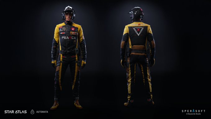 The image shows front and back views of a futuristic racing pilot wearing a yellow and black "PEACE" branded flight suit with a helmet, set against a dark background, with "STAR ATLAS," "AUTOMATA," and "SPERASOFT, A Keywords Studio" branding visible. The sleek, high-tech suit and racing gear visually reinforce the "No speed limit" message by evoking the look of an elite pilot ready to push boundaries at maximum velocity.