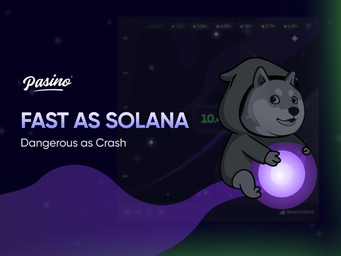 A promotional graphic for 'Pasino' cryptocurrency featuring a cartoon husky in a hoodie holding a glowing purple orb, with the tagline 'FAST AS SOLANA - Dangerous as Crash.'