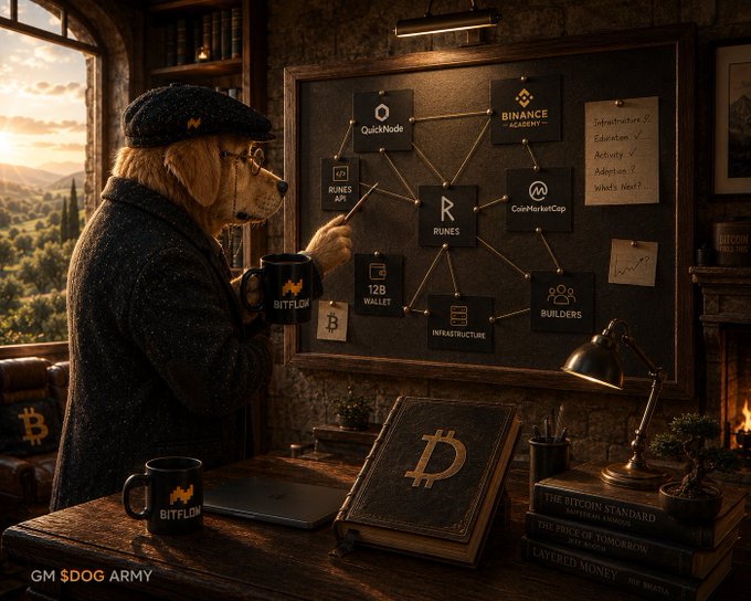 A bespectacled dog wearing a flat cap and tweed jacket studies a corkboard mapping out the Runes ecosystem, with notes highlighting "Infrastructure," "Education," "Activity," and "Adoption," while holding a "BITFLOW" mug beside Bitcoin-themed books like "The Bitcoin Standard," "The Price of Tomorrow," and "Layered Money." The image visually reinforces the post's message about researching emerging crypto infrastructure before drawing conclusions, using the dog as an analyst piecing together ecosystem signals across categories like Runes, QuickNode, Binance Academy, and CoinMarketCap.