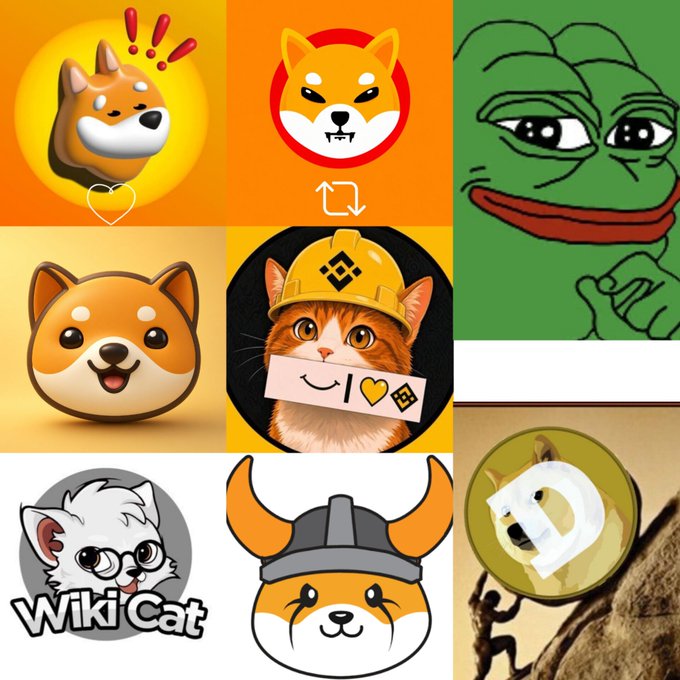 A 3x3 grid of meme coin icons features Shiba Inu dogs (Dogecoin and Shiba Inu), a green Pepe frog, a WikiCat logo, an orange cat in a yellow hard hat (BNB Cat), a Floki-style Viking dog, and a Dogecoin-Penguin hybrid. Visible text includes "Wiki Cat," "WKC," "BNB," and "I ❤ BNB." The collage directly illustrates the meme supercycle predictions, visually representing the bullish price targets ($4.20, $1, $0.69, $2, $1, $1, $10, $3) assigned to each token.