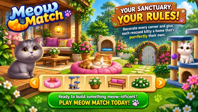 A colorful promotional banner for "Meow Match" invites players to decorate their own sanctuary, featuring cute rescued cats lounging on cushions and play structures alongside decorative items. The banner's playful "Your Sanctuary, Your Rules!" and "PLAY MEOW MATCH TODAY!" messages highlight the game's home-customization theme, perfectly matching the post's call to build a "meow-nificent" home for each kitty.