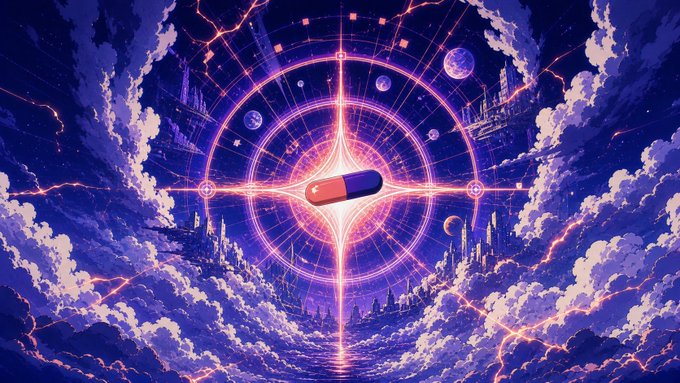 A cosmic, pill-shaped emblem resembling a red-and-blue capsule glows at the center of an intricate mystical sigil of planets, clouds, and celestial energy, visually echoing the phrase "Time to take the STARK pill." by transforming its message into a surreal, otherworldly invitation.