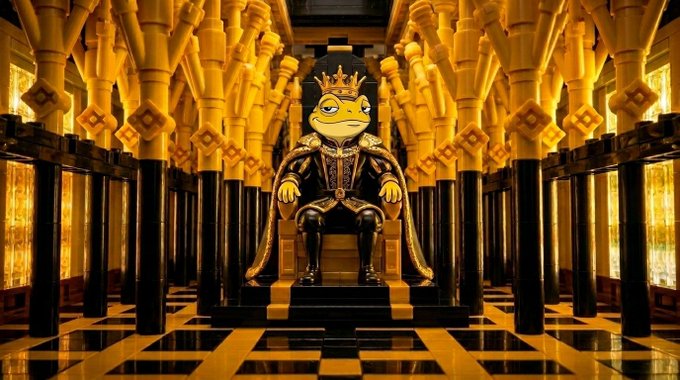 A digital artwork depicts a frog character wearing a golden crown and ornate black and gold robes, sitting on a throne within a grand hall featuring golden pillars and a black and yellow checkered floor.