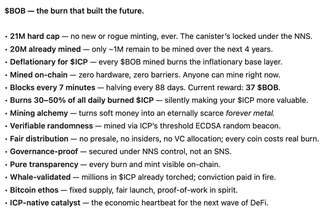 A text-based cryptocurrency white paper for '$BOB — the burn that built the future,' detailing features like a 21M hard cap, deflationary nature for $ICP, on-chain mining, and proof-of-work ethos.