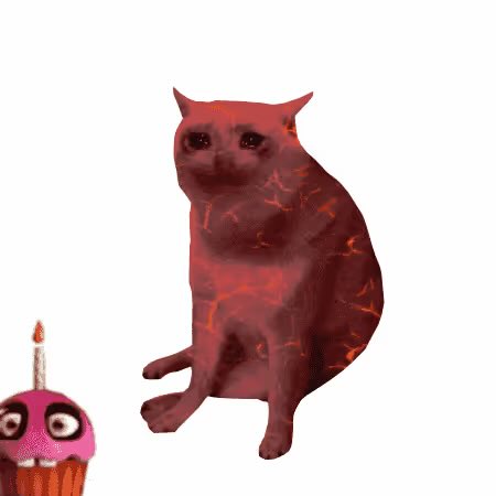 A digitally altered image of a sad-looking dark red cat sitting next to a creepy, stitched cupcake with a single candle.