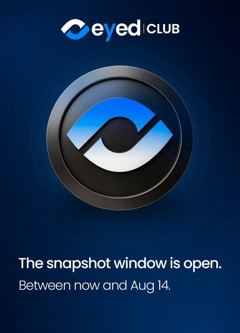 A promotional image for 'eyed|CLUB' displays a large eye-shaped logo with the text 'The snapshot window is open. Between now and Aug 14.'