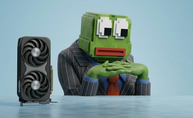 A 3D-rendered green blocky character in a pinstripe suit and red tie sits with clasped hands next to a black AMD Radeon graphics card against a blue background.