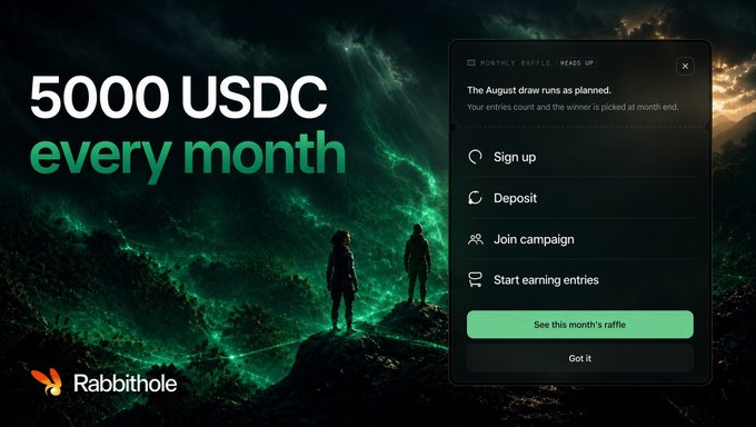 A digital promotional graphic with the text "5000 USDC every month" featuring a dark fantasy landscape and a pop-up menu for Rabbithole's monthly raffle with options like "Sign up" and "Deposit."