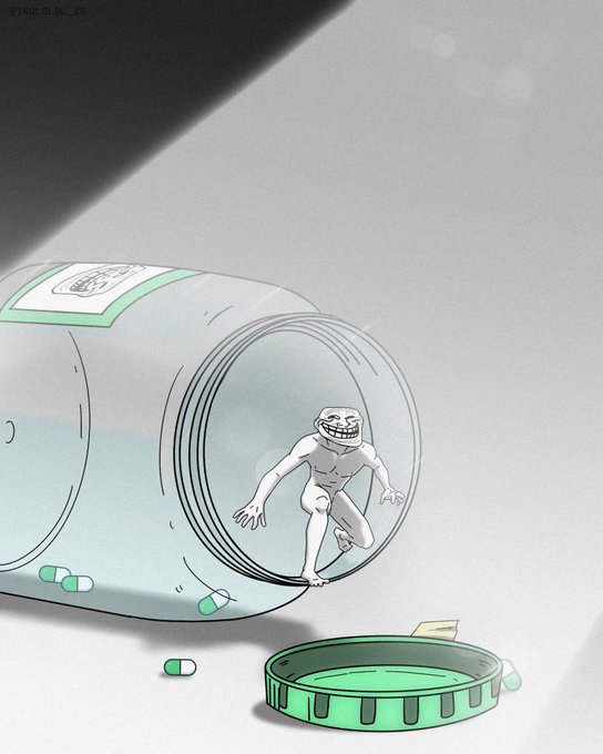 A minimalist line-art illustration showing a naked trollface figure crawling out of a tipped-over pill bottle, with several green and white capsules scattered on the ground next to the cap.
